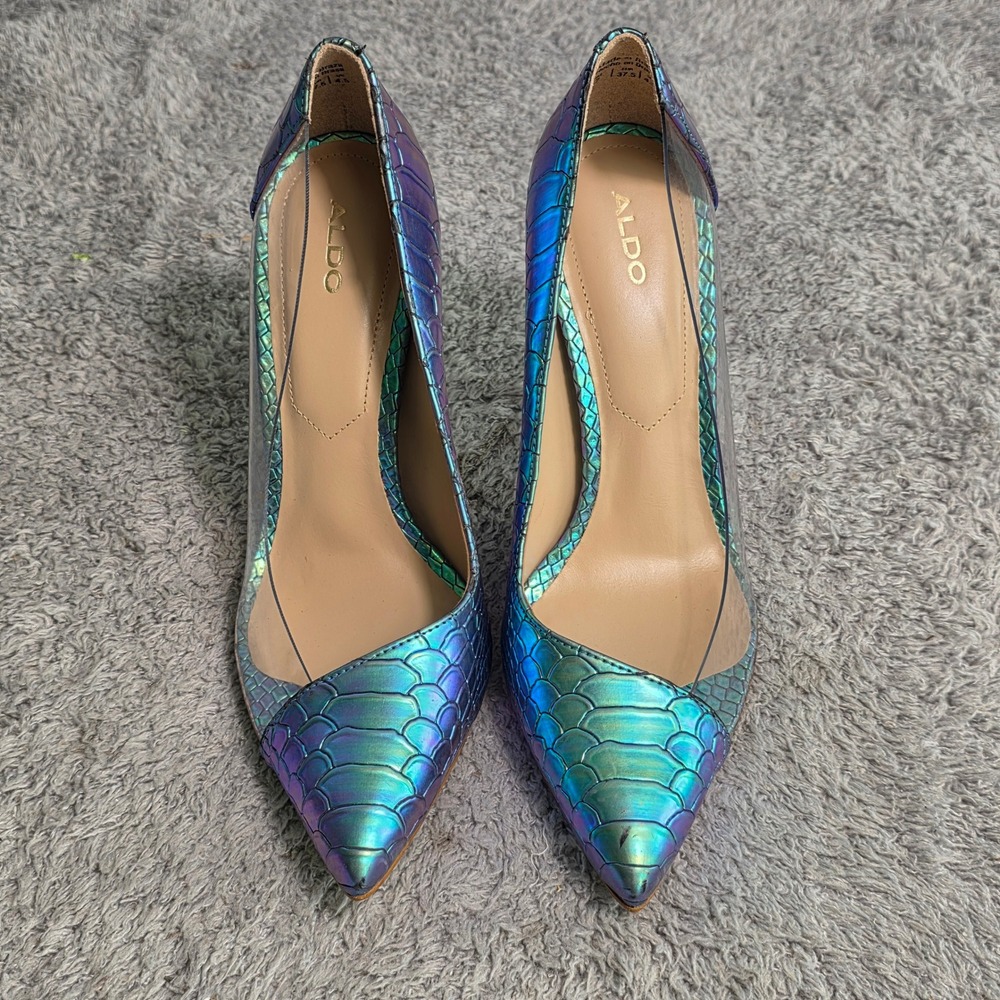 Aldo Stiletto Pumps Iridescent Blue Green Snakeskin Clear PVC Womens Size 7 - Picture 2 of 7